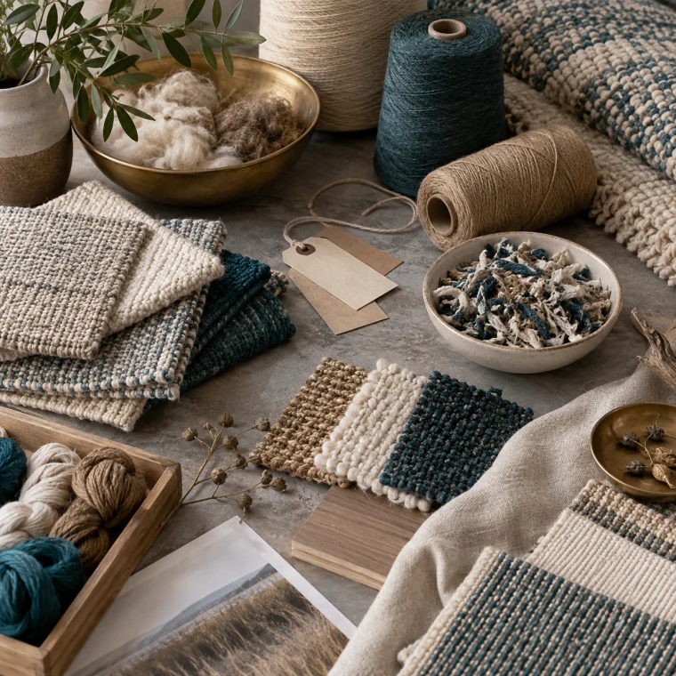 Textile fibers and woven rug samples