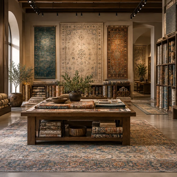 Curated rug showroom with traditional and modern designs