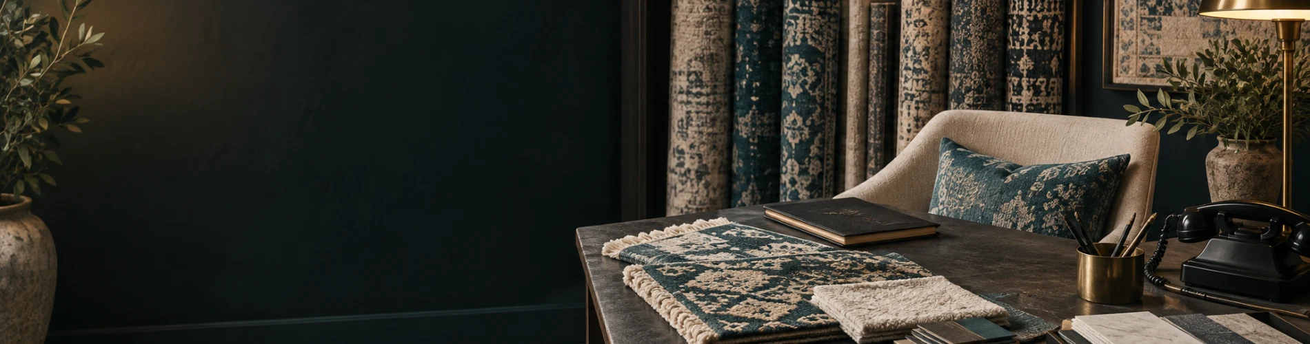 Rug consultation desk with swatches and telephone