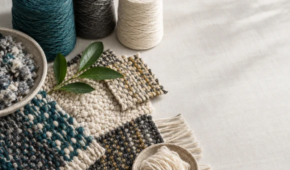 Natural yarn and woven rug swatches in RugGuy colors